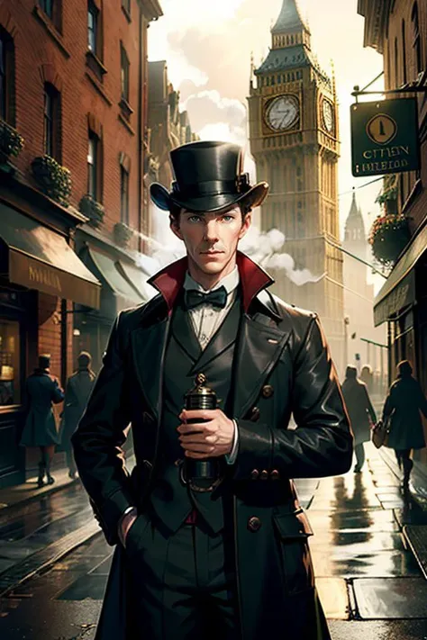 (Benedict Cumberbatch:1.1) as Sherlock Holmes style detective outfit, Inverness coat, deerstalker hat, a Pembroke Welsh Corgi face detective man is standing on the street in a 19th century London down town, Tobacco pipe, long nose, (steam fog:1.23),