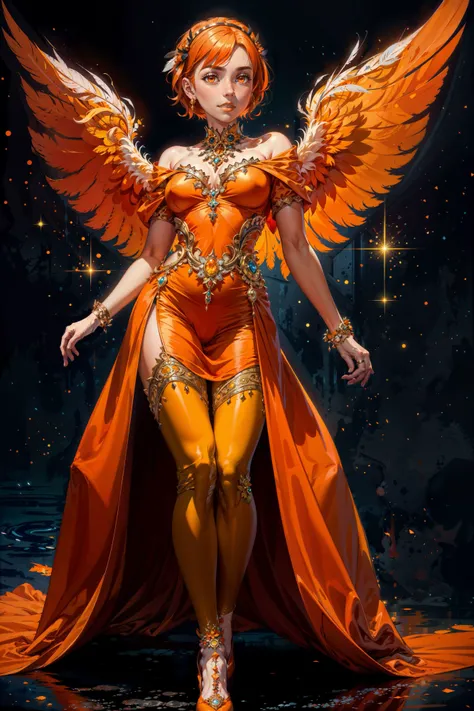 masterpiece, best quality, full body, Mature woman, Majestic angel, (white_feather_wings:1.2), big wings, full body, detailed body, detailed face, (orange eyes:1.1),(orange short hair:1.2), ((light orange intricate cloth dress)), orange Leggins, orange crystals, orange accents, (orange ornaments), (orange accessoires), art deco painting, pretty and expressive eyes, ornate costume, mythical, ethereal, intricate, elaborate, (hyperrealism:1.2), small breast,