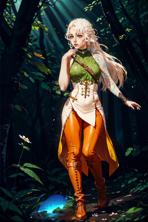 best quality, masterpiece, ultra high res, cowboy shot, (photorealistic:1.4), raw photo, official art, 1girl, soft facial expression, slight smile, closed mouth, looking to the side, (freckles in face:1.3), green eyes, heavy eyewings \(makeup\),
BREAK white hair very long hair, windy hair, two braids at front, long braids,
BREAK brown leather choker, green cloth shirt, (armless shirt:1.4), thin leather corset, flower embroidment, green ripped skirt, brown leather pants, brown leather high boots, embroidered boots, (small boobs:1.2),
BREAK (forest:1.4), sun, daylight, sun rays, solo, standing, full body, slight blurry background , depth of field, <lyco:pseudo_daylight:0.8>, walking on a path in the forest, breeze, flying petals