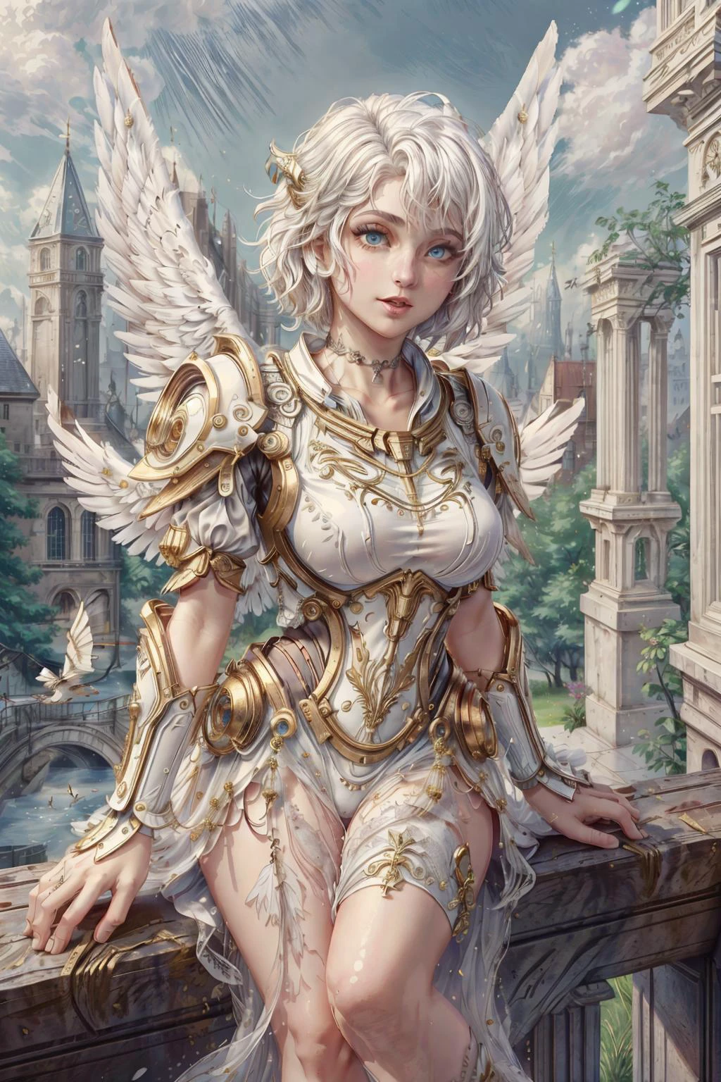 masterpiece, best quality, highres, extremely detailed 8k wallpaper, very clear,
a photo with (film grain) of a (young:0.9) girl with perfect medium breasts and poofy hair, <lora:MISC_EMO_STYLE:0.6>, white hair, short hair, white eyes, (realistic face, perfect eyes, perfect face:1.1), goth makeup, winged eyeliner, choker, outside,
simple background, mechanical body suit, armor suit, gundam, wings, flying parts, holding a helmet,
full body shot <lora:MISC_ADD_DETAIL:1> <lora:cyberhelmetv0.7:0.4> <lora:ArmorSuit_v01:0.4> <lora:MISC_LOWRA:0.2> <lora:IvoryGoldAIv2:0.6> <lora:hipoly_3dcg_v7-epoch:0.3>