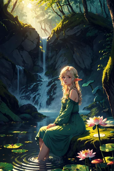1girl, solo, elf, mist, sundress, forest, sitting, in water, waterfall, looking at viewer, blurry foreground, dappled sunlight, moss, (intricate, lotus, mushroom)