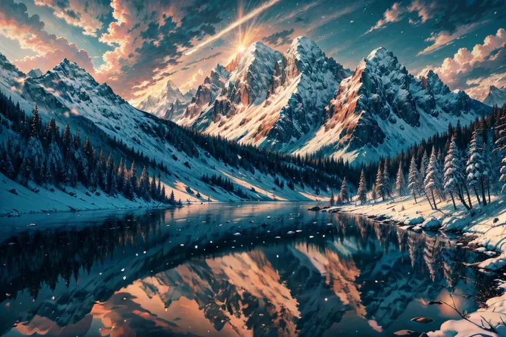 masterpiece, best quality, highres, extremely detailed 8k wallpaper, very clear, <lora:MISC_ADD_DETAIL:1>, <lora:breastinClass:0.3>, mountains, sun rays, needle trees, lake, reflection in water, snowy mountains, landscape, beautiful view, nature, Majestic,
Serene,
Breathtaking,
Pristine,
Picturesque,
Transcendent,
Idyllic,
Verdant,
Serene,
Sublime, <lyco:pseudo_daylight:1.0> <lora:MISC_NOISE_OFFSET:1>