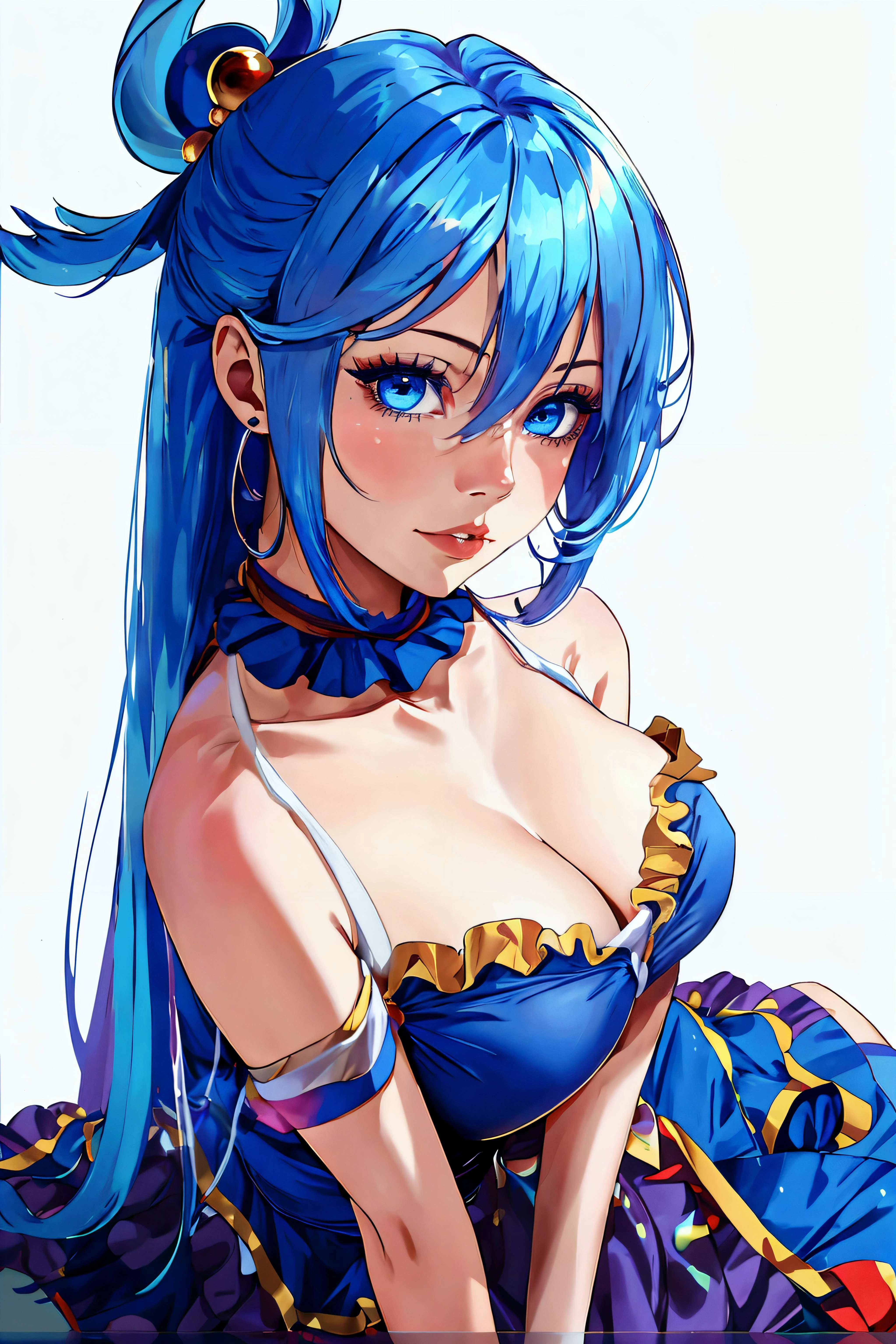 masterpiece, best quality, highres, extremely detailed 8k wallpaper, very clear, 1girl, aqua \(konosuba\), bangs, bare shoulders, blue dress, blue eyes, blue hair, breasts, choker, cleavage, collarbone, dress, hair between eyes, hair ornament, hair rings, lips, long hair, looking at viewer, medium breasts, parted lips, simple background, sitting, solo, very long hair, white background <lora:aqua_konosuba-000035:0.8> aqua \(konosuba\)