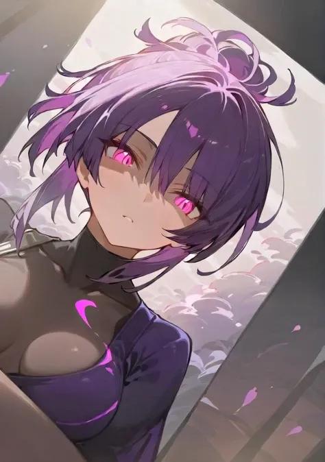 Advertising poster style best quality, masterpiece, illustration by junsui0906 ,purple hair, pink glowing eyes, cel shading, ponytail, medium breasts, yuzuriha_\(jigokuraku\) <lora:XL-yuzuriha_(hells_paradise)-XL:0.8>  , dutch angle, gorgeous,  beautiful mature female, sketch, award-winning drawing, official art, full body painting \(medium\),uhd, 32k, perspective, cinematic,  close-up, shaded face, eyeliner, eyeshadow, highly detailed pink eyes, bangs, (white_belt, purple japanese_clothes, ninja, open_clothes:1.2), ray tracing, HQ, absurdres, narrow waist, hips, thighs, bare shoulders, looking to the side, head tilt . Professional, modern, product-focused, commercial, eye-catching, highly detailed