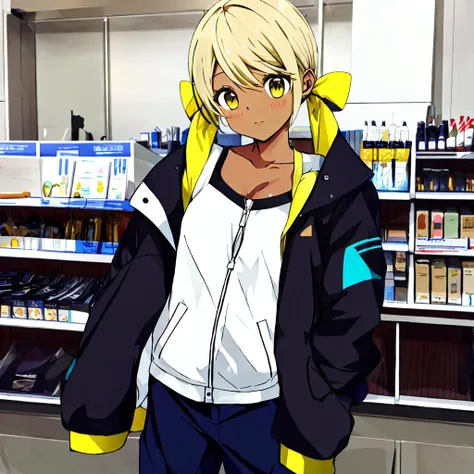 kaminari qpi,solo,1girl,<lora:kaminari qpi:0.9>,brond hair,dark-skinned,twin tail,half off jacket,belly,pants