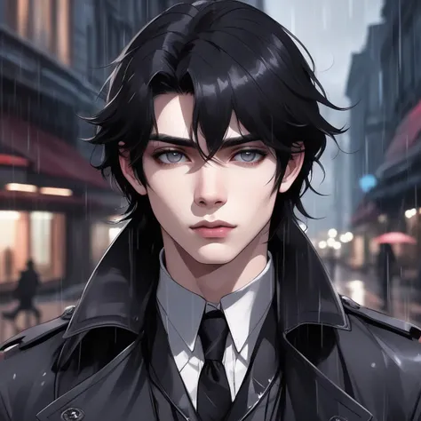 Mysterious, solo, 1boy, penetrating gaze, deep gray eyes, tousled black hair, black leather trench coat, background of dim and rainy street, pale skin, enigmatic tattoo on the neck, intriguing stance, an aura of hidden secrets.