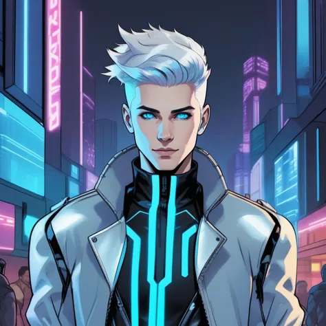 Cybernetic, solo, 1boy, futuristic appearance, shimmering blue cybernetic eyes, stylized silver hair in a quiff, pale skin with cybernetic accents, metallic jacket with built-in LED lights, background of a neon-lit nighttime city, confident attitude, technological implants