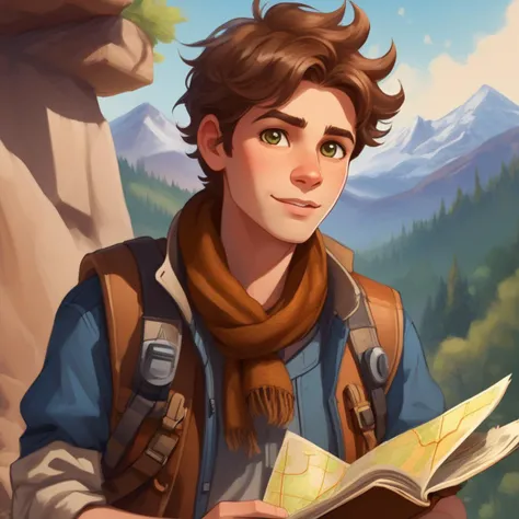 Adventurous, solo, 1boy, fearless expression, hazel eyes filled with curiosity, unruly brown hair, worn leather vest, ripped jeans, dirty hiking boots, crumpled map in hand, scarf around the neck, an explorer's spirit