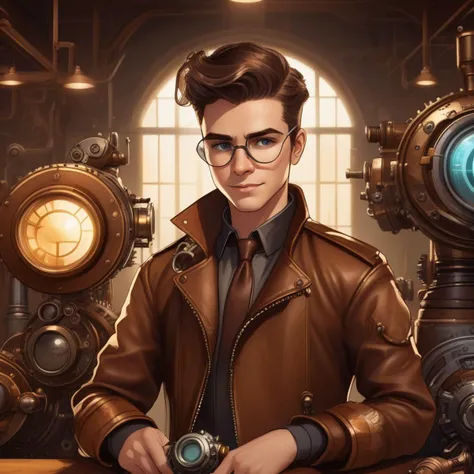 Steampunk, solo, 1boy, focused look, aviator goggles with amber lenses, slicked-back light brown hair, aged brown leather jacket with gear details, background of a workshop filled with mechanical contraptions, leather gloves, tools at the ready, innovative inventions