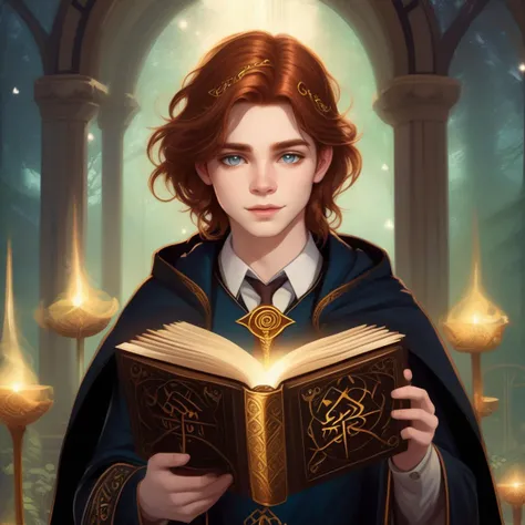 Magical, solo, 1boy, mystical atmosphere, wise golden eyes, long auburn hair in enchanted braids, velvet cloak embroidered with arcane symbols, ancient book in one hand, intricately carved staff in the other, shimmering runes, an aura of ancient magic