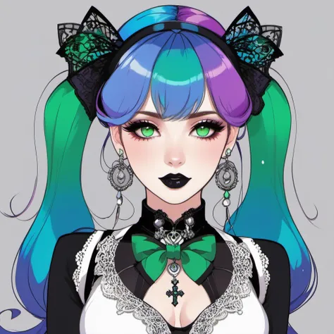 masterpiece, best quality, 1girl, solo, long hair, twin tails, hair buns, multicolored hair,two-tone hair, white hair, green hair, black hair,bangs, makeup, black lips, lipstick, mascara, eyeshadow, cross necklace, hair bow, front bow, lace jacket, lace gloves, fishnets, black leggings, gothic attire, dynamic angle, side lighting, shiny skin, detailed eyes, detailed face,