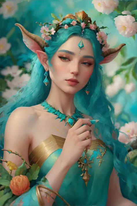 <lora:oilpainting:0.7> oil_painting, visible brushstrokes, satyr faerie queen, cascading flowers, (coral, turquoise, azure palette), masterpiece, 8k, high resolution, shallow depth of field, sharp focus