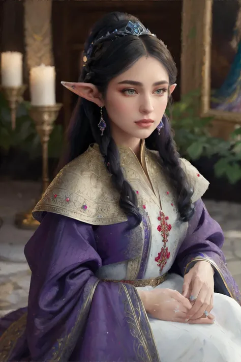 <lora:oilpainting:0.7> oil_painting, visible brushstrokes, elven princess, weaaring gowns with intricate embroidery, (purple, red, white palette), masterpiece, 8k, high resolution, shallow depth of field, sharp focus
