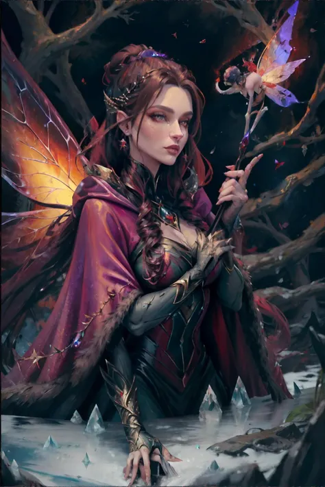 <lora:oilpainting:0.7> oil_painting, visible brushstrokes, fairy woman, wearing Enchantress velvet capes, (earth, ice, plum red palette), masterpiece, 8k, high resolution, shallow depth of field, sharp focus