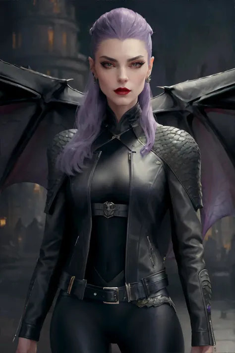 <lora:oilpainting:0.7> oil_painting, visible brushstrokes, vampire woman, wearing Dragon tamer-inspired leather jackets with dragon-scale details, (gray, lavender, olive palette), masterpiece, 8k, high resolution, shallow depth of field, sharp focus