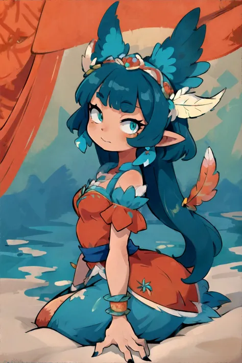 <lora:oilpainting:0.7> oil_painting, visible brushstrokes, werewolf woman, wearing Elaborate headdresses with flowers and feathers, (coral, turquoise, azure palette), masterpiece, 8k, high resolution, shallow depth of field, sharp focus