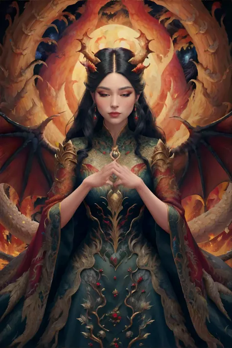 <lora:oilpainting:0.7> oil_painting, visible brushstrokes, dragon woman, wearing Enchanted forest-themed embroidered gowns, (moonstone, flame, berry palette), masterpiece, 8k, high resolution, shallow depth of field, sharp focus