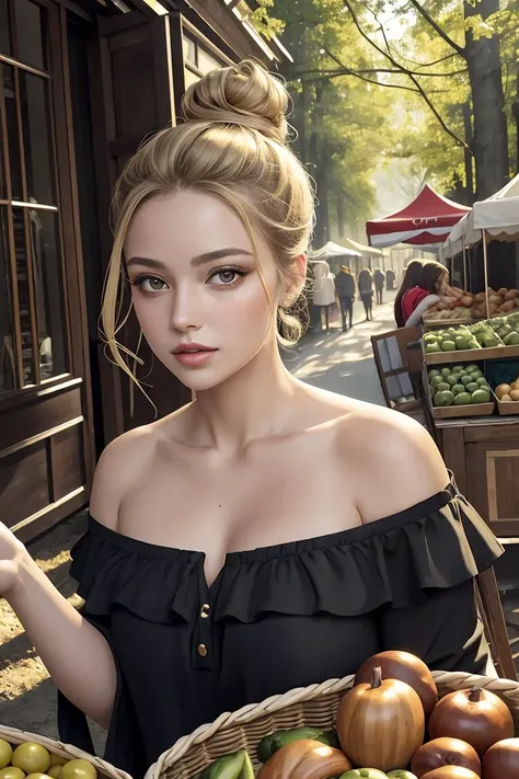 (masterpiece, best quality),female golden age, voluptuous, berber, chestnut eyes,  fleshy nose, protruding chin,  high cheekbones, high forehead, oval face shape,   costume makeup , dirty blonde messy bun hair, hope wearing cheeky, keyhole top,  , shoulder peek, off-shoulder attire, revealing a hint of skin, adding an alluring touch, enchanting forest lighting, a combination of moonlight and dappled light, adding a fairy-tale-like charm, a vibrant farmer's market, bustling with people and colorful produce