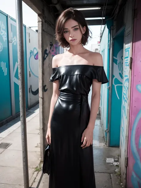 A photo of a 34yo man crossdressing, in a public bathroom captures the allure of a freckles, pale skin, deep blue eyes, wearing a glamourous off shoulder dress, leaning in front of graffiti-covered walls, the dimly lit space accentuates the hair glistening under a neon sign, solo, sweaty erotic look  <lora:è¸é¨è°æ´:-3> <lora:muscle_slider_v1:0.8>emphasized-details, every-day, hand-some, photo-same-realistic