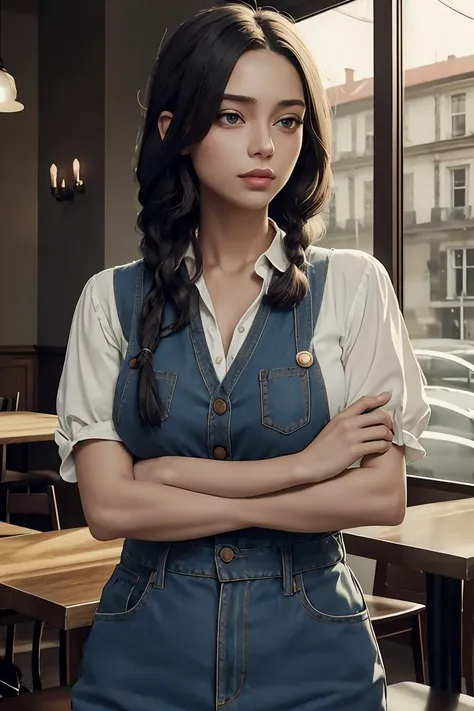 (masterpiece, best quality),female twenty-something, hourglass, european, chestnut eyes, large ears, button nose, tapered chin, unusual jaw, chiseled cheeks,  oblong face shape,    , denim blue dreadlocks hair, astonishment wearing seamless tanga, tie-front blouse, oxford shoes, , crossed arms, crossing arms over the chest, hinting at hidden desires, misty lighting, soft, misty light adding an air of mystery and enchantment to the scene, a friendly neighborhood café, with cozy seating, friendly staff, and the aroma of freshly brewed coffee