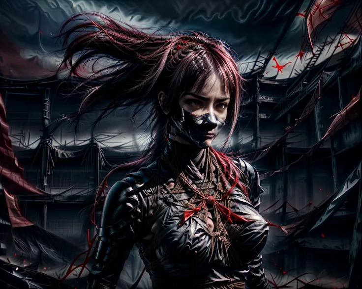 ultra realistic fantasy art, masterpiece, hires, 4k, high detail, sharp lines, 1girl, solo, a beautiful deadly woman, long dark red straight hair, long single braid with uneven punk-style bangs hairstyle, in the style of Ninja Gaiden, in the style of Raid Shadow Legends, (chained sickle:1.4) weapons in each hand, (kusarigama:1.8), dynamic action pose, defensive posture, low center of gravity, shoulder armor, bracers, bound with rope around her body, (shibari:1.4), red skintight bodysuit, brown eyes, red ninja (mask over her nose and mouth:1.4), large breasts bound with ropes, black thigh high leather boots, chains and blades whirling around her body, daggers in straps around her thighs, black high heeled shoes, agile, sexy, horned Japanese Oni mask worn off-center on the top of her head, red color theme, silhouette, shadow, elliptical chained sickle orbits, simple white background, fractal lighting, low color intensity <lora:add_detail:2> <lora:ninjagirl:0.8> <lora:silhouette_20231024094159:1>