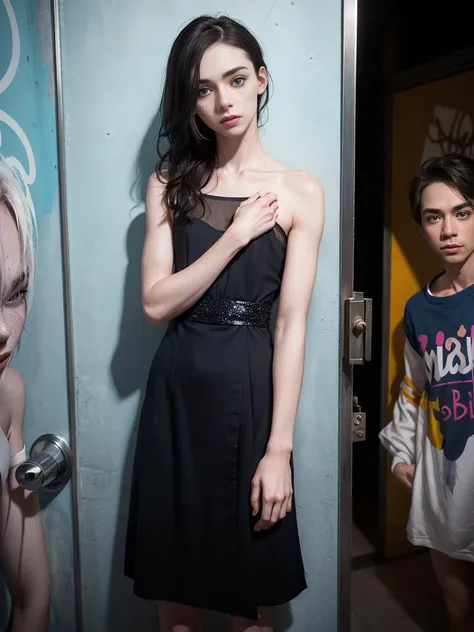 A photo of a 34yo man crossdressing, in a public bathroom captures the allure of a freckles, pale skin, deep blue eyes, wearing an elegant and glamourous dress, leaning in front of graffiti-covered walls, the dimly lit space accentuates the hair glistening under a neon sign, solo, sweaty erotic look  <lora:è¸é¨è°æ´:-3> <lora:muscle_slider_v1:0.8>emphasized-details, every-day, hand-some, photo-same-realistic