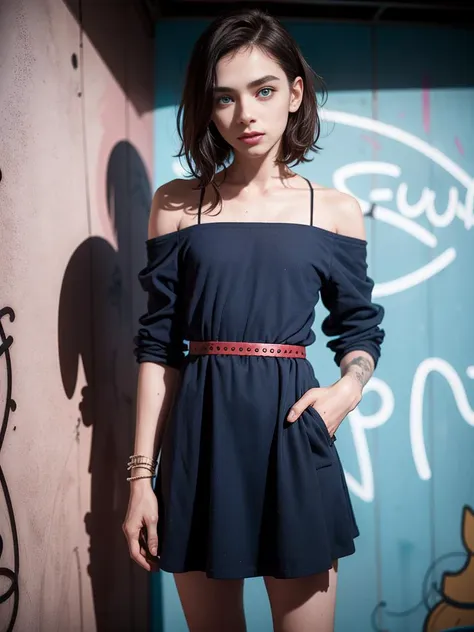 A photo of a 34yo man crossdressing, in a public bathroom captures the allure of a freckles, pale skin, deep blue eyes, wearing a sexy off shoulder skater dress, leaning in front of graffiti-covered walls, the dimly lit space accentuates the hair glistening under a neon sign, solo, sweaty erotic look  <lora:è¸é¨è°æ´:-3> <lora:muscle_slider_v1:0.8>