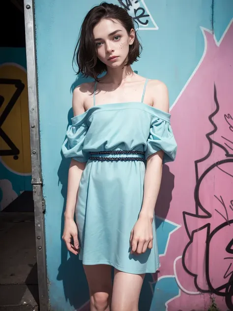 A photo of a 34yo man crossdressing, in a public bathroom captures the allure of a freckles, pale skin, deep blue eyes, wearing a sexy off shoulder skater dress, leaning in front of graffiti-covered walls, the dimly lit space accentuates the hair glistening under a neon sign, solo, sweaty erotic look  <lora:è¸é¨è°æ´:-3> <lora:muscle_slider_v1:0.8>emphasized-details, every-day, hand-some, photo-same-realistic