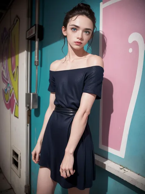 A photo of a 34yo man crossdressing, in a public bathroom captures the allure of a freckles, pale skin, deep blue eyes, wearing a glamourous, off shoulder skater dress, leaning in front of graffiti-covered walls, the dimly lit space accentuates the hair glistening under a neon sign, solo, sweaty erotic look  <lora:è¸é¨è°æ´:-3> <lora:muscle_slider_v1:0.8>emphasized-details, every-day, hand-some, photo-same-realistic