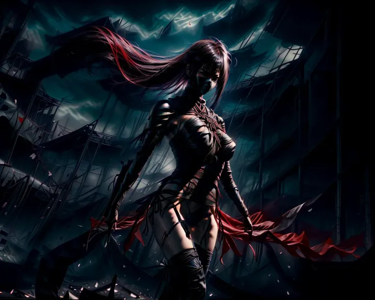 ultra realistic fantasy art, masterpiece, hires, 4k, high detail, sharp lines, 1girl, solo, a beautiful deadly woman, long dark red straight hair, long single braid with uneven punk-style bangs hairstyle, in the style of Ninja Gaiden, in the style of Raid Shadow Legends, (chained sickle:1.4) weapons in each hand, (kusarigama:1.8), dynamic action pose, defensive posture, low center of gravity, shoulder armor, bracers, bound with rope around her body, (shibari:1.4), red skintight bodysuit, brown eyes, red ninja (mask over her nose and mouth:1.4), large breasts bound with ropes, black thigh high leather boots, chains and blades whirling around her body, daggers in straps around her thighs, black high heeled shoes, agile, sexy, horned Japanese Oni mask worn off-center on the top of her head, red color theme, silhouette, shadow, elliptical chained sickle orbits, simple white background, fractal lighting, low color intensity <lora:add_detail:2> <lora:ninjagirl:0.8> <lora:silhouette_20231024094159:1>