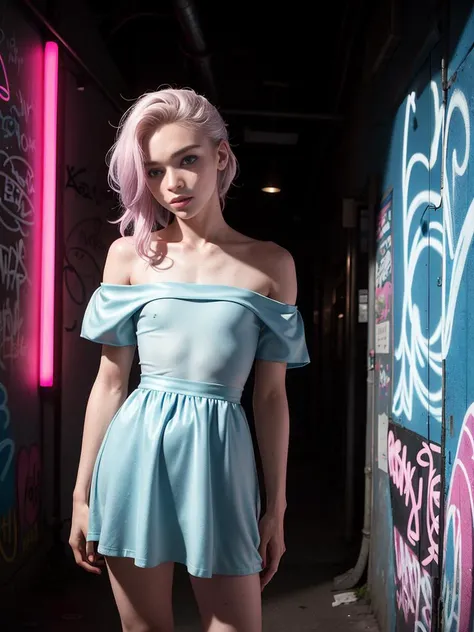 A photo of a 34yo man crossdressing, in a public bathroom captures the allure of a freckles, pale skin, deep blue eyes, wearing a sexy off shoulder skater dress, leaning in front of graffiti-covered walls, the dimly lit space accentuates the hair glistening under a neon sign, solo, sweaty erotic look <lora:è¸é¨è°æ´:-3> <lora:muscle_slider_v1:0.8>
