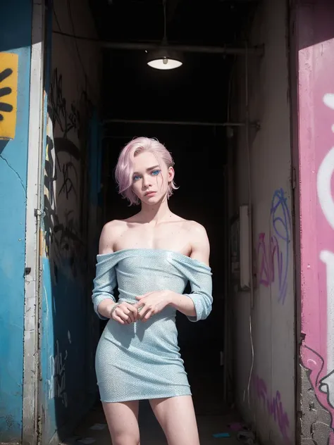 A photo of a 34yo man crossdressing, in a public bathroom captures the allure of a freckles, pale skin, deep blue eyes, wearing a glamourous off shoulder dress, leaning in front of graffiti-covered walls, the dimly lit space accentuates the hair glistening under a neon sign, solo, sweaty erotic look <lora:è¸é¨è°æ´:-3> <lora:muscle_slider_v1:0.8>emphasized-details, every-day, hand-some, photo-same-realistic <lora:gender_slider_v1:-1.5>