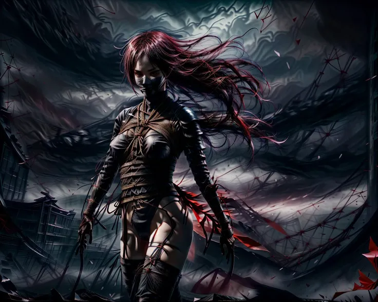 ultra realistic fantasy art, masterpiece, hires, 4k, high detail, sharp lines, 1girl, solo, a beautiful deadly woman, long dark red straight hair, long single braid with uneven punk-style bangs hairstyle, in the style of Ninja Gaiden, in the style of Raid Shadow Legends, (chained sickle:1.4) weapons in each hand, (kusarigama:1.8), dynamic action pose, defensive posture, low center of gravity, shoulder armor, bracers, bound with rope around her body, (shibari:1.4), red skintight bodysuit, brown eyes, red ninja (mask over her nose and mouth:1.4), large breasts bound with ropes, black thigh high leather boots, chains and blades whirling around her body, daggers in straps around her thighs, black high heeled shoes, agile, sexy, horned Japanese Oni mask worn off-center on the top of her head, red color theme, silhouette, shadow, elliptical chained sickle orbits, simple white background, fractal lighting, low color intensity <lora:add_detail:2> <lora:ninjagirl:0.8> <lora:silhouette_20231024094159:1>
