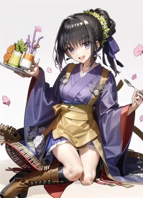 <lora:wada5-locon-u3e-4-t3e-4:1>karasuba \(prima doll\),1girl , d ,apron ,bangs ,black hair ,boots ,brown footwear ,drinking straw ,holding ,holding plate ,japanese clothes ,kimono ,knee boots ,long sleeves ,menu board ,miniskirt ,multicolored hair ,open mouth ,petals ,plate ,pleated skirt ,ponytail ,purple eyes ,purple hair ,purple kimono ,purple skirt ,skirt ,smile ,solo ,spoon ,underbust ,waist apron ,white apron ,white background ,wide sleeves