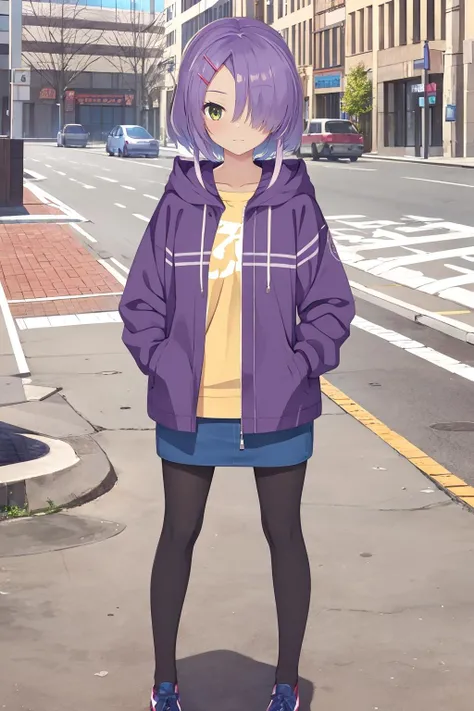 16k, highres, masterpiece, best quality,
a girl, joyful, megami magazine, hands in pockets, outdoors, from above,
1girl, hmi, short_hair, sidelocks, small breasts, hair_over_one_eye, hairclip, tan <lora:hmei_v1:0.7>
purple hooded_jacket, yellow shirt, untucked shirt, miniskirt, pencil denim skirt, pantyhose,