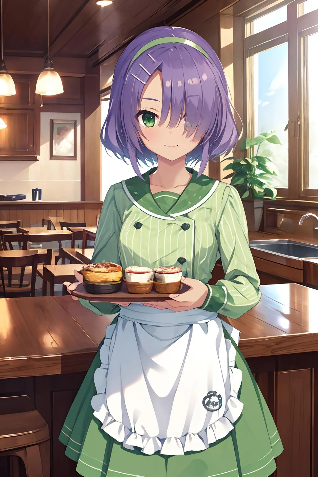 16k, highres, masterpiece, best quality,
cinematic film still,
a girl, in cafe, smile, cap on tray,
1girl, hmi, short_hair, small breasts, hair_over_one_eye, hairclip, tan <lora:hmei_v1:0.7>
striped, green dress, skirt, white apron, hairband,,
shallow depth of field, vignette, highly detailed, high budget, bokeh, cinemascope, moody, epic, gorgeous,
film grain, grainy,
