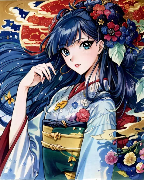 <lora:UMI-16:0.75>, (Masterpiece, Best Quality:1.3), (thick lineart), (faux traditional media), highres, official art, best illustration, (8k resolution), oiran, 1girl, mature female, solo, (blue kimono:1.1), japanese clothes, from above, breasts, obi, stylish, intricate, fantastic, fairytale, fantasy art, (detailed face), lying on a bed of flowers, on back, (lovely eyes, looking at viewer, lipstick), very long hair, voluminous, low ponytail, depth of field, silhouette, perfect, makeup, lovely, (details:1.2), camellia, various colors, vivid, colorful, shiny, sky, stars, lumen global illumination, (background in the style of Hokusai Katsushika:1.3), water, ripples, <lora:Oiran-13:0.3>