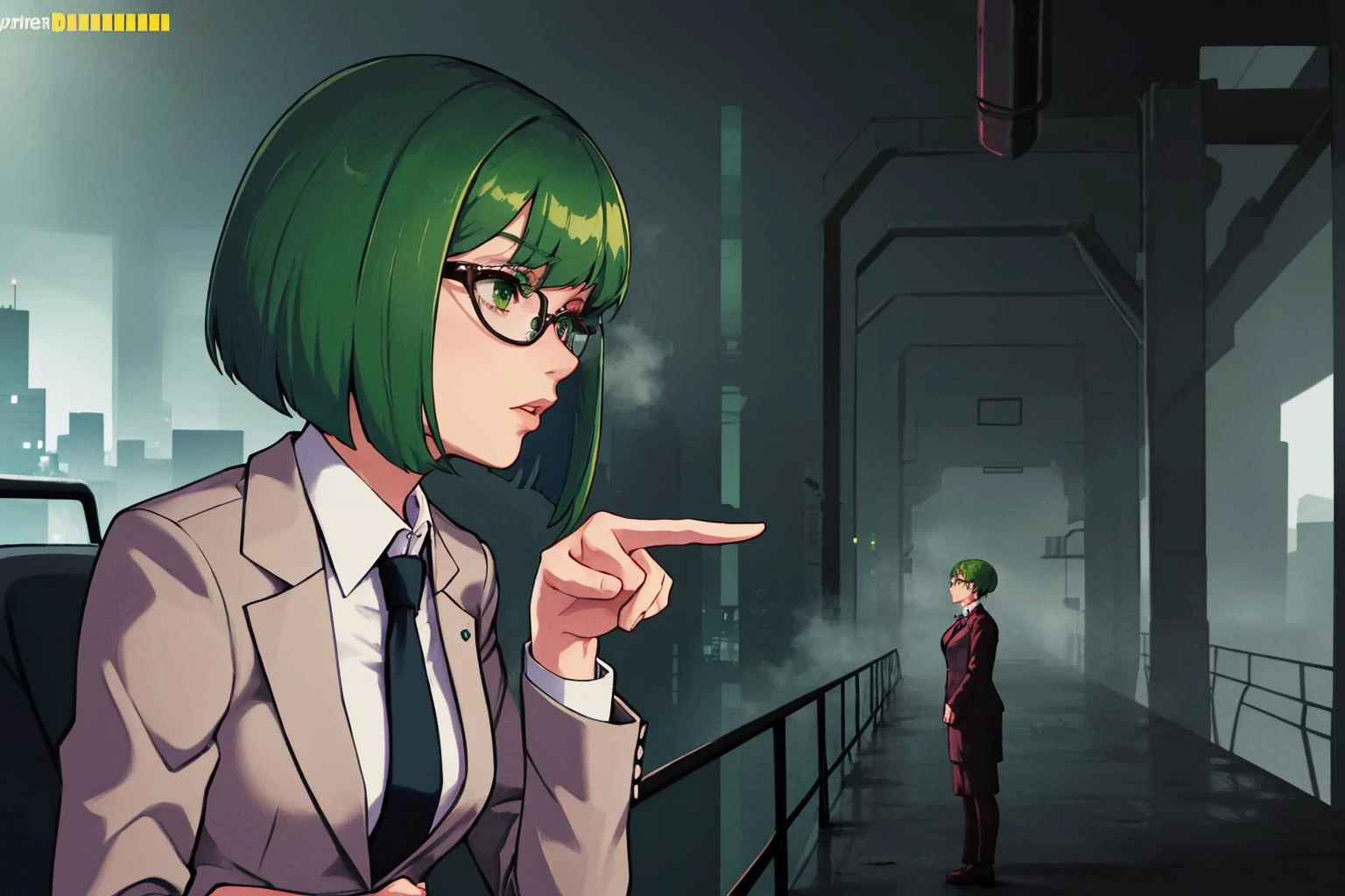 masterpiece, best quality, 1girl, <lora:youlooklonely-meme-richy-v1:ulooklonely, pointing, from side, looking at another, dark, fog, city, cyberpunk, green hair, suit, short hair, bobcut, business suit, office lady, glasses, necktie