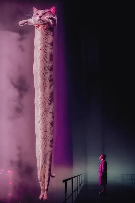 IncrsLcmSolo, a giant long cat is hovering in the sky with its arms out, hands, youlooklonely, from side, , fog, city, darkness, hologram, pink light, pink glow, <lora:youlooklonely-meme-richy-v1:0.7> <lora:LongcatMemeSolo:1.3>