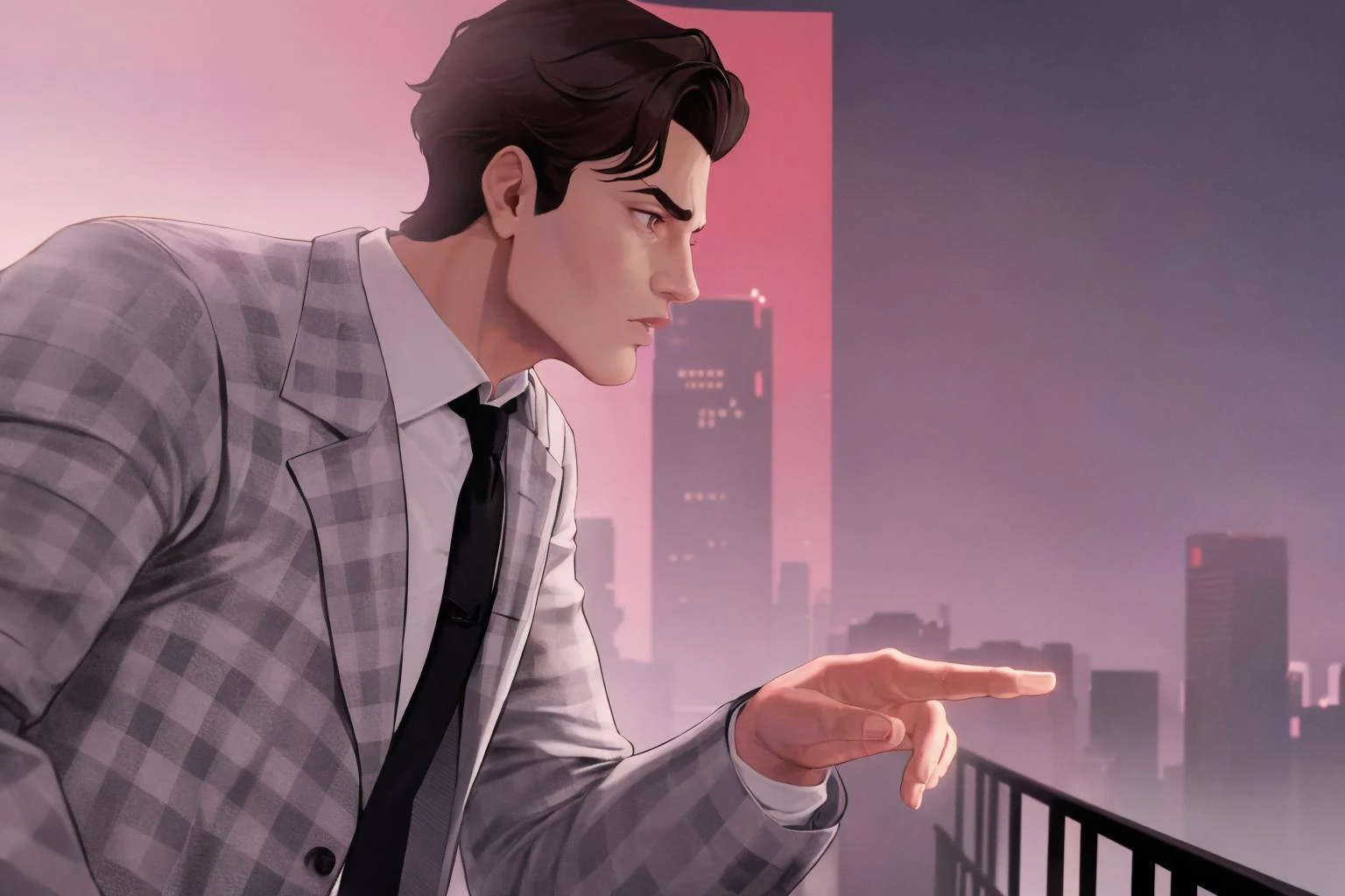 masterpiece, best quality, 1boy, male focus, benny, <lora:youlooklonely-meme-richy-v1:ulooklonely, pointing, looking at another, from side, darkness, fog, size difference, city, las vegas, <lora:benny-fnv-richy-v1:1> giant, checkered suit