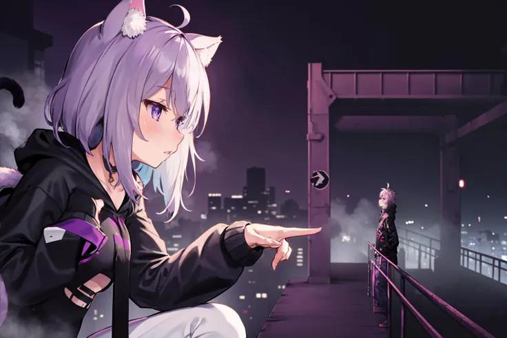 (youlooklonely, pointing, from side, looking at another, giantess), fog, city, darkness, hologram, purple theme, 1girl, okayudefault, black hoodie, (onigiri print), [navel], white pants, cat tail, ahoge <lora:youlooklonely-meme-richy-v1:1> <lora:nekomata okayu 6 outfits:1>