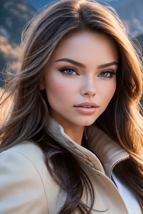 closeup headshot of S121_YuliaPolyachikhina, a gorgeous woman, in the (mountains:1.1), wearing a (coat:1.1), (sunset), (8k, RAW photo, best quality, depth of field, ultra high res:1.2), (absurdres, intricate, photorealistic, masterpiece, ultra-detailed, Unreal Engine:1.3)