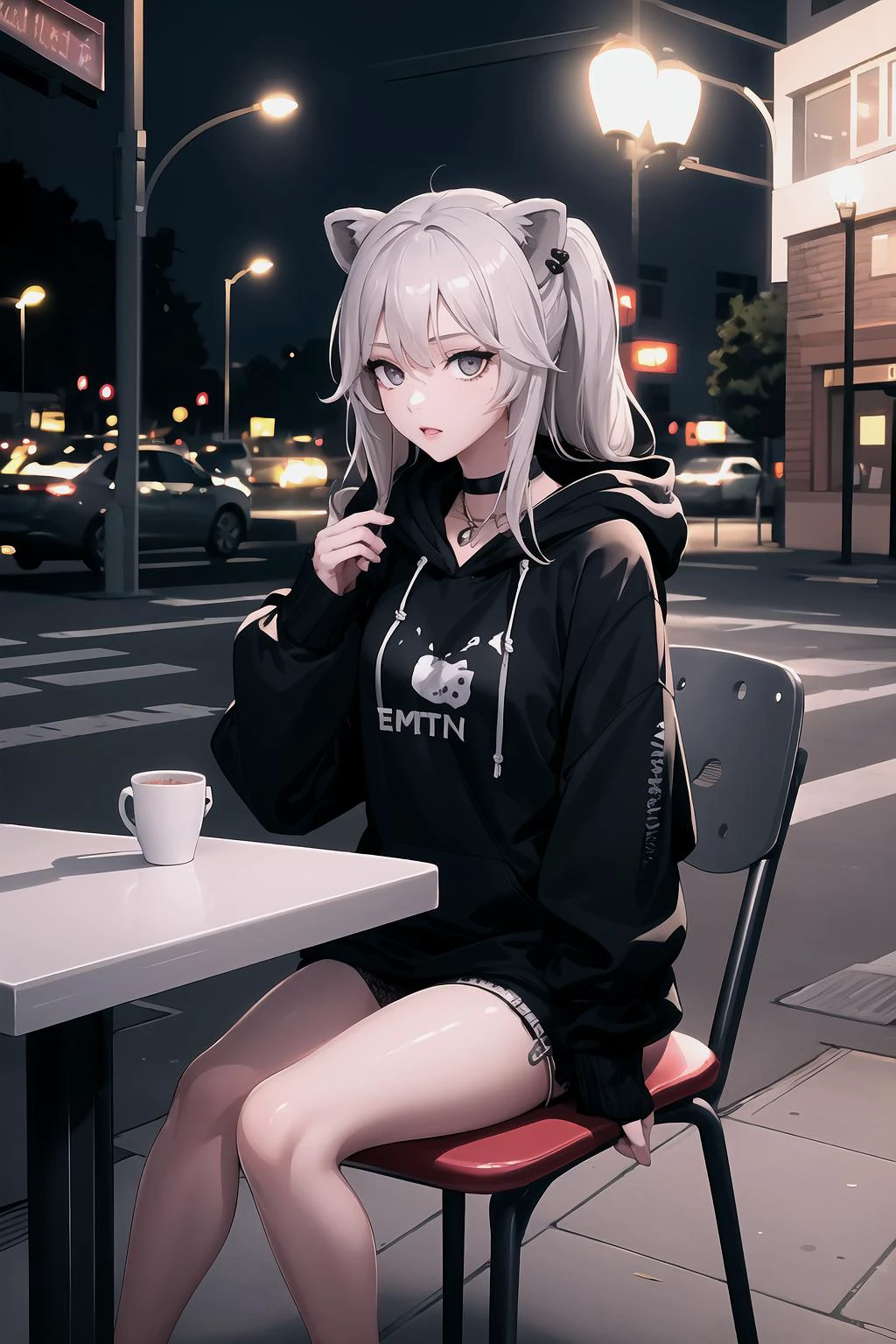 masterpiece, best quality, 1girl, Botan, <lora:Char_VTuber_ShishiroBotan:0.8>, hood up, jewelry, hoodie, edgTM, wearing edgTM_style fashion, eccentric clothing, <lora:Outfit_Mugler:1>, outdoors, cafe, sitting, table, chair, street, lamppost, night, (dark environment)