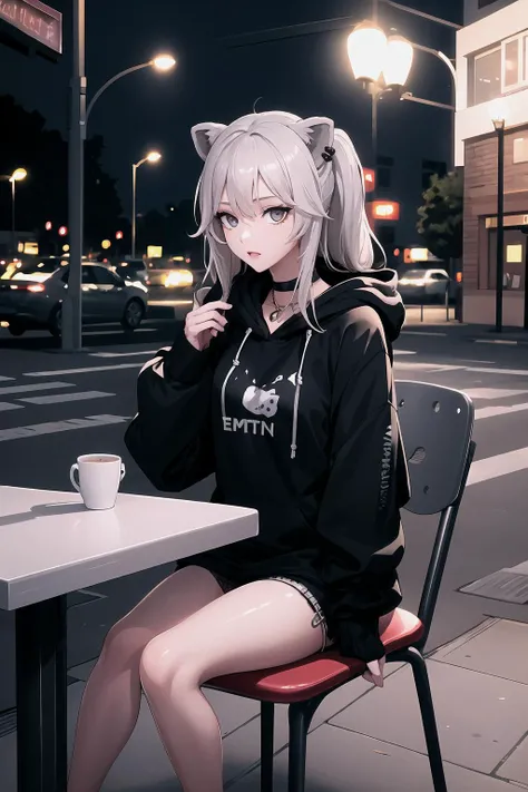 masterpiece, best quality, 1girl, Botan, <lora:Char_VTuber_ShishiroBotan:0.8>, hood up, jewelry, hoodie, edgTM, wearing edgTM_style fashion, eccentric clothing, <lora:Outfit_Mugler:1>, outdoors, cafe, sitting, table, chair, street, lamppost, night, (dark environment)