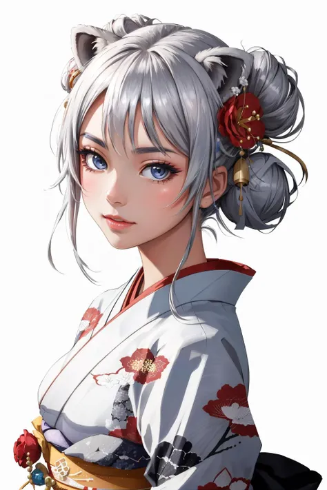 Botan, <lora:BotanLORA:0.8>, BotanKimono, hair ornament, hair flower, double bun silver hair