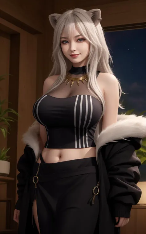 ((Image above the knee))((masterpiece:1.5、8k、Tabletop、フォトリアリスティックでVery detailedなCG、Very detailed、Particle Effects、Dynamic Effects、Written boundary depth、Cinematic Light、Lens flare、Ray Tracing、Tabletop、Realistic:1.4、超A high resolution:1.2、Realistic、Realistic))((alone、,A woman wearing a black fur coat over a halter dress:1.4、Wearing a long scarf、Elegant woman posing:、Detailed face、Bright expression、young, Brighter, Whiter skin、Ample breasts、Best Looks、Ultimate beauty、Silver hair with shiny highlights、Bright shiny hair,、Super long, A ponytail hairstyle that is longer than your height、Hair dancing in the wind))(morning、The setting is a snow-covered urban station、Surrounded by winter illuminations)