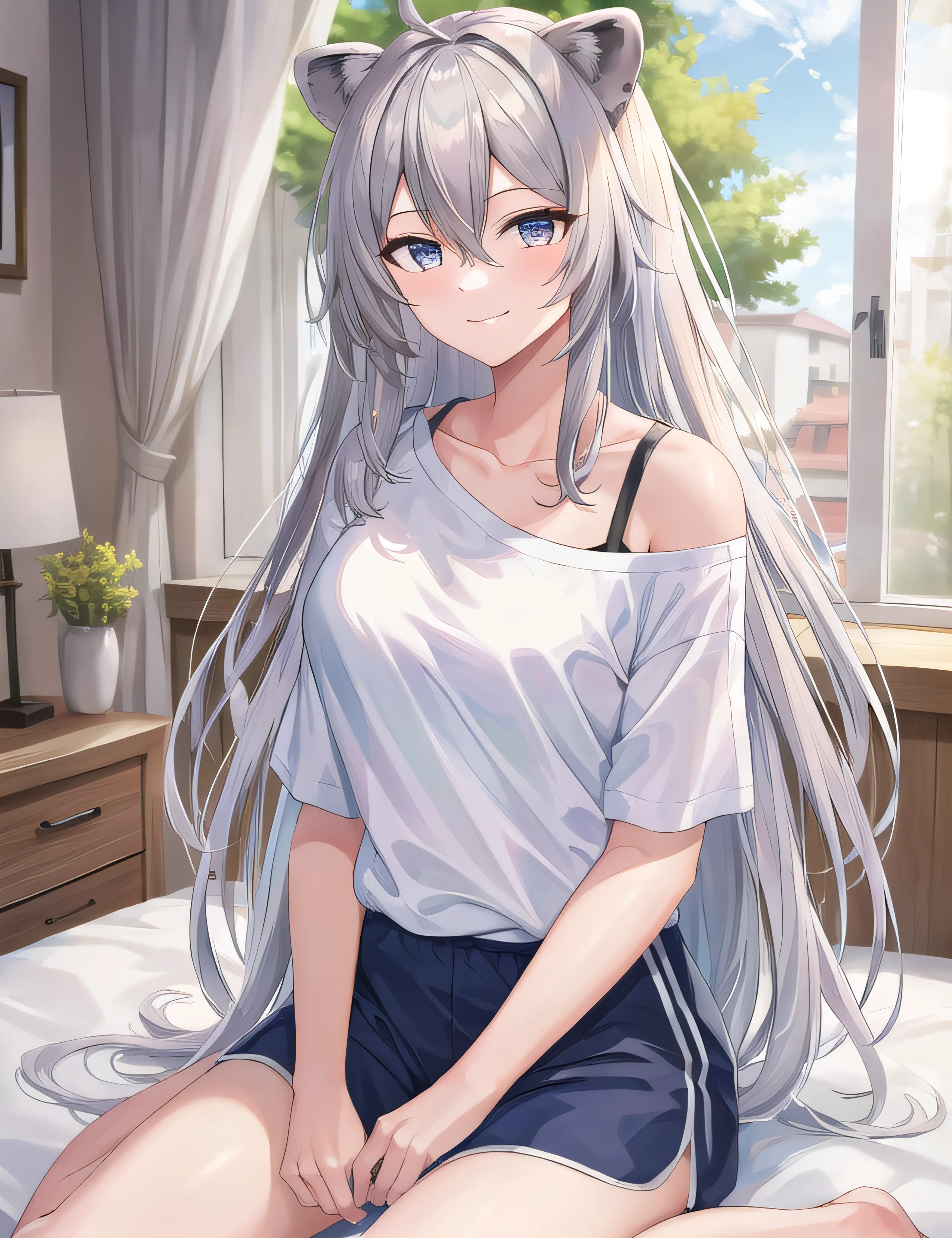 (masterpiece:1.3), (absurdres:1.3), (best quality:1.3), (ultra-detailed:1.3),(best shadow:0.7), (handled hair), ,perfect anatomy, 1girl, solo, <lora:shishiroBotan_v10:0.4>, botan, silver hair, silver eyes, long hair, lion ears, very long hair, bangs, hair between eyes, large breasts, <lora:singleBareShoulder_thisAintTheUsualKindOf:1>, single bare shoulder shirt long, white shirt, sport_shorts, indoors, bedroom, sitting on bed, slightly smile, look at viewer, printed shirt,