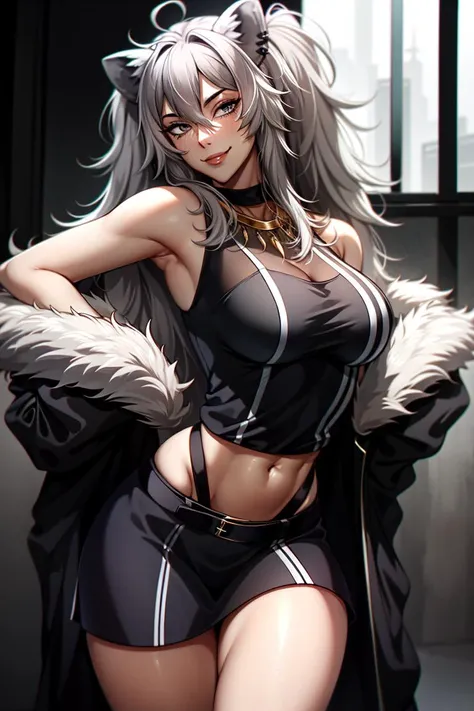 absurdres, highres, best quality, <lora:Char - ShishiroBotanv4:1> , Botan, black top, fur-trim, oionlion ears, messy hair, skirt, messy hair, grey eyes, grey hair, long hair, black nails, sharp nails, dynamic pose, sexy pose, seductively smile,