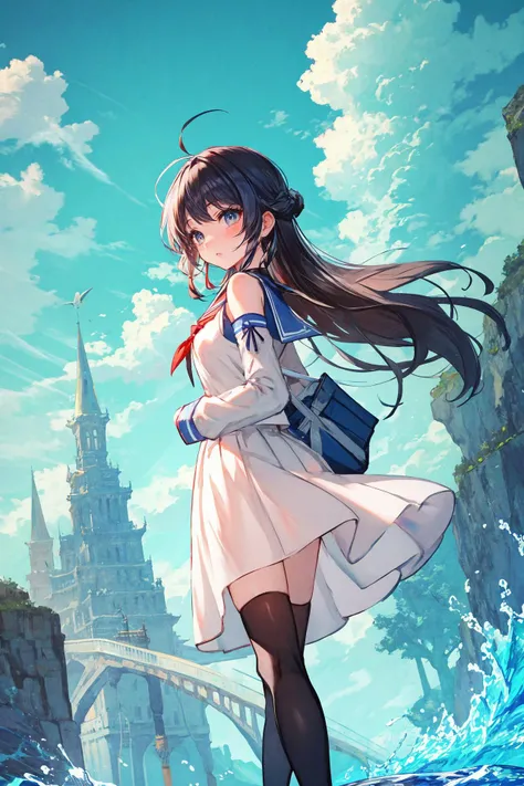 F:\\AIxunlianji\\SWAV\\10 SWAV, 1girl, solo, skirt, school uniform, thighhighs, can, outdoors, black sailor collar, serafuku, black hair, sailor collar, black skirt , pleated skirt , black thighhighs, long sleeves, shirt, building, stairs, railing, white shirt, long hair, bag, standing, bangs, looking back, over-kneehighs, wind, soda can, floating hair ,solo, long hair, cloud, sky, dress, day, scenery, outdoors, white dress, blue sky, standing, sleeveless, black hair, tree, sleeveless dress, wind, mountain, water, floating hair 
<lora:Lack-000215:1>, <lora:ç»ä¸½çåå½±:0.2>,<lora:add_detail:0.35>, <lora:adaptedmodel:0.35>