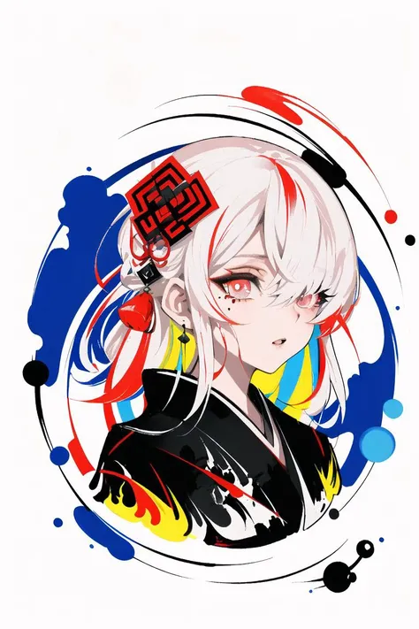 (masterpiece),(best quality),(illustration),looking at viewer,colorful,from side,((chinese colorful ink)),flat color,
(1girl:1.2),detailed long white hair + red eyes,detailed face,half body,(white hair:1.4),(mole under eye:0.9),squinting,eyeshadow,hair ornament,small breasts,((kimono)),cold face,long floating hair,hair over one eye\\,
(masterpiece),(best quality),(illustration),(portrait),((ink splashing)),((chinese colorful ink)),((Chinese color ink painting style)),
1girl,upper body,(white hair +red eyes),(cute face:0.95),(detailed beautiful face:0.95),colorful painting,
(inside red fire AND (blue fire)),eyes<light>,inner red hair,circular fan background,
(Floating),(illustration),(Amazing),(Absurd),((sharp focus)),((extremely detailed)),((high saturation)),((surrounded by color ink splashes)),((extremely detailed body)),((colorful)),<lora:rsef:0.8>,